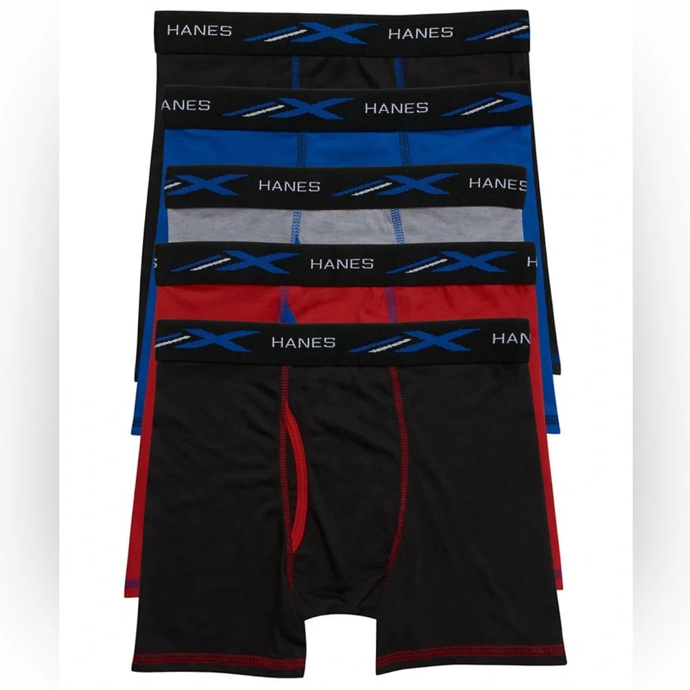 NEW Boys 5 pack Hanes Sport  Boxer Briefs (Black / Blue / Red) - Size XL (18-20)